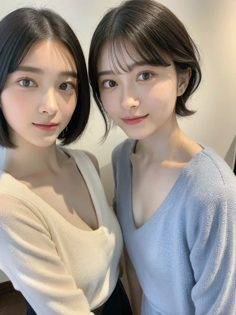 (masterpiece:1.3), (8k, Photoreal, Raw photo, best image quality: 1.4), Japanese high school girl、(random hairstyle:1.2)、cleavage:1.5、super detail face、eye for details、double eyelid、chest to chest、sharp focus:1.2、Beautiful woman:1.4、light brown hair、highest quality、masterpiece、超A high resolution、(Photoreal:1.4)、Highly detailed and professionally lit smiles、loose and light knitwear、shoulder out、thin、serious expression、short haired、deadly position
similar identical twins
All the girls have the exact same face, The two have the same face and figure, as if they were mirror images.