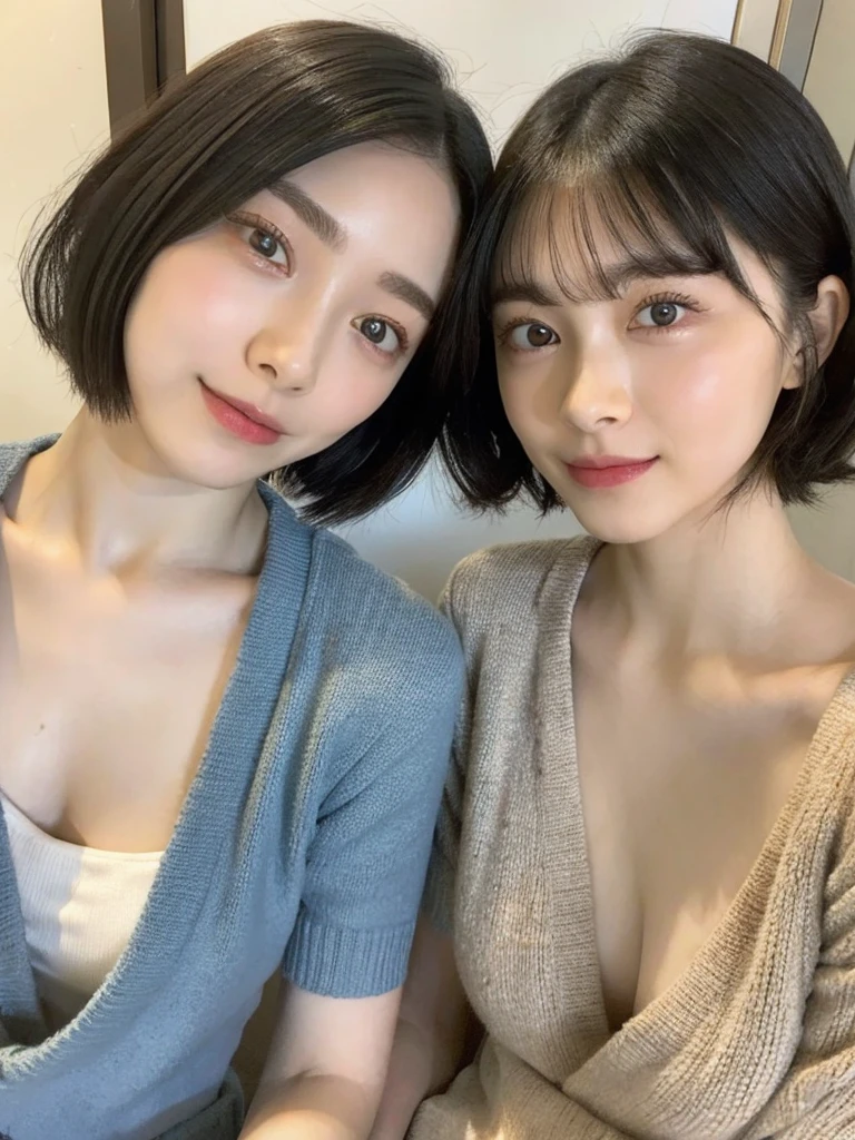(masterpiece:1.3), (8k, Photoreal, Raw photo, best image quality: 1.4), Japanese high school girl、(random hairstyle:1.2)、cleavage:1.5、super detail face、eye for details、double eyelid、chest to chest、sharp focus:1.2、Beautiful woman:1.4、light brown hair、highest quality、masterpiece、超A high resolution、(Photoreal:1.4)、Highly detailed and professionally lit smiles、loose and light knitwear、shoulder out、thin、serious expression、short haired、deadly position
similar identical twins
All the girls have the exact same face, The two have the same face and figure, as if they were mirror images.
