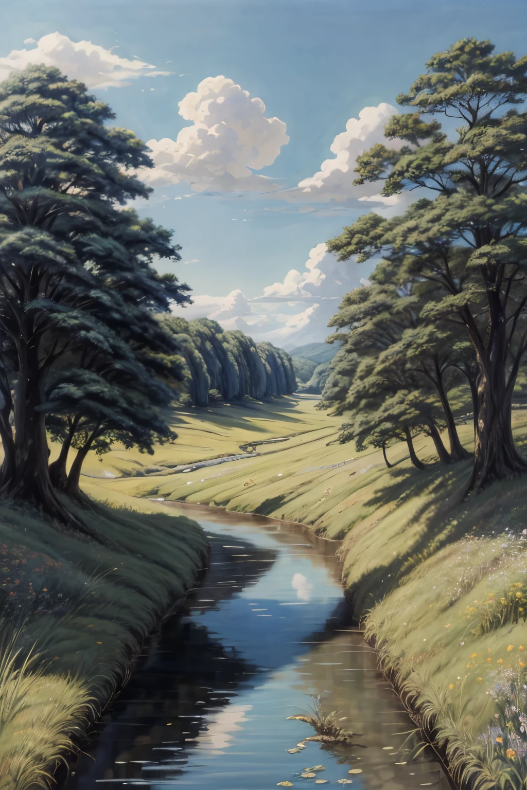 Realistic, Real, Beautiful and Amazing Landscape Oil Painting Studio Ghibli Hayao Miyazaki Petals Grassland Blue Sky Grassland Country Road Along a River, Building, Beautiful Girl