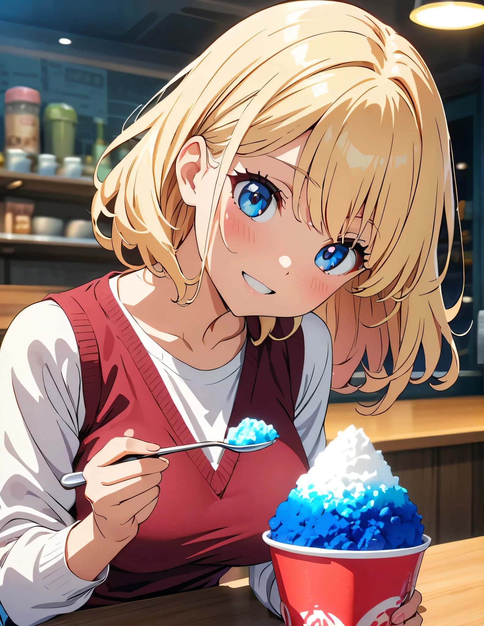 (anime artwork, anime style, studio anime, very detailed, up to date, vibrant, Anime Coloring, high contrast, masterpiece:1.2, best quality, best aesthetics),2 girl,Best quality,light smile,{{incoming_shaved ice}}, {{feeding}}, holding_spoon, foreshortening,{{blurry_foreground}}, blush, open mouth, head_tilt, perfect anatomy,cafe,