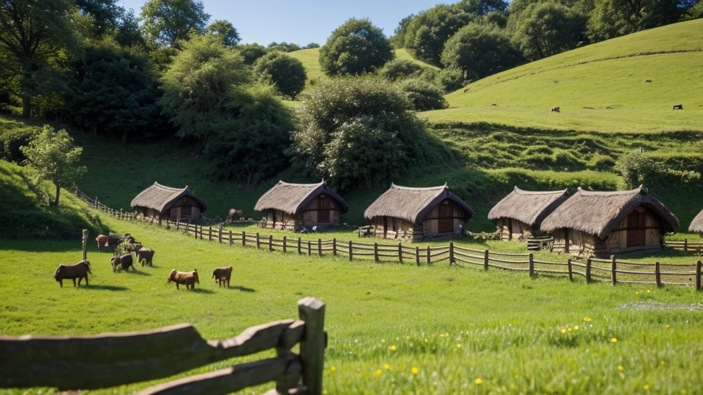 hobbit village, (with hobbits), distant overview, fences surrounding each home, livestock in pens around the home