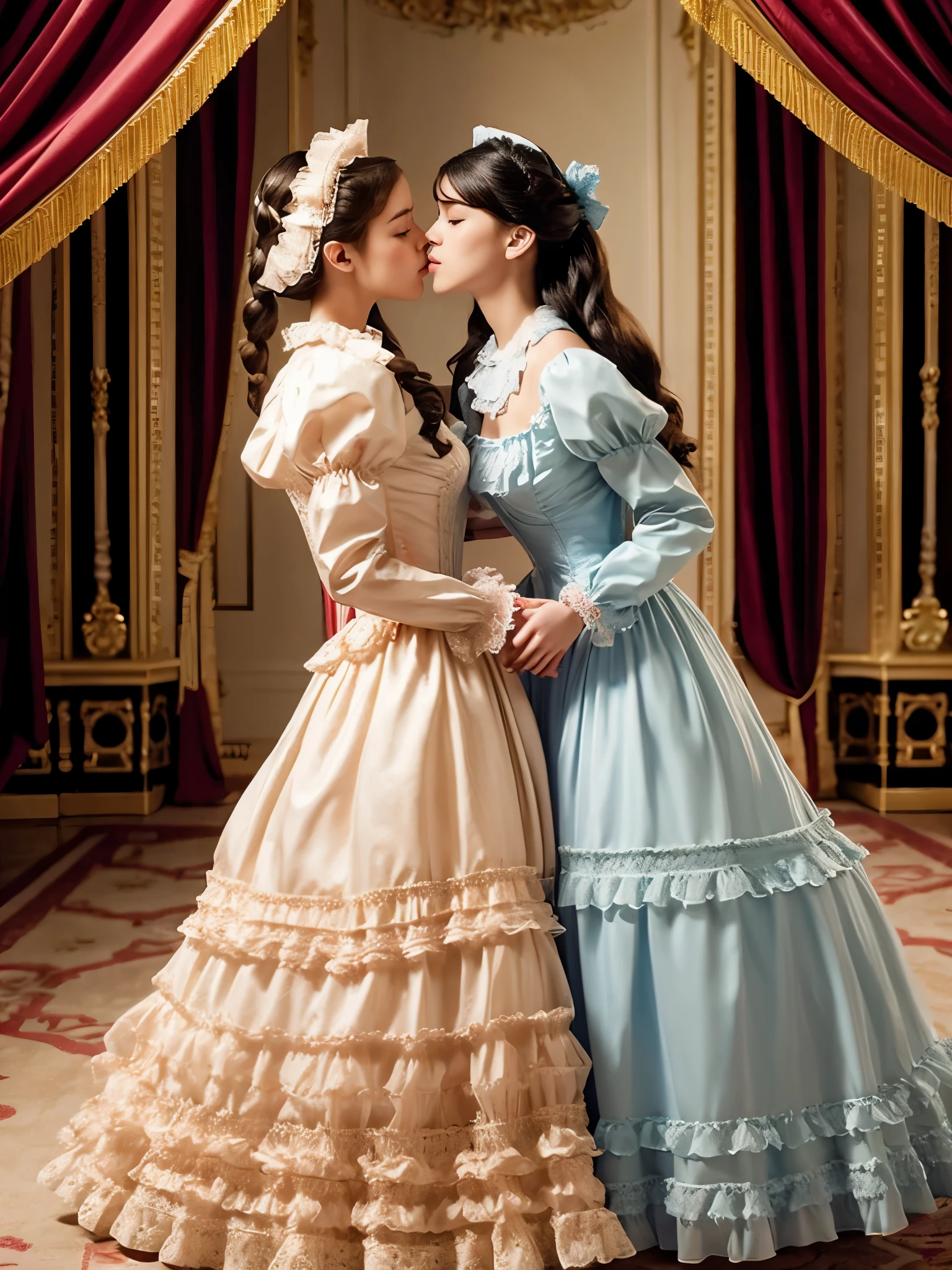 highest quality, masterpiece, highest resolution, artwork, super get used to it, many become familiar with, become familiar with, get used to it, woman, 18 years old,the two girls are princesses,victorian dress,long sleeve,long dress,A dress with lots of frills and ribbons.,luxury,Two kiss,Bedroom,canopy bed in the back, 