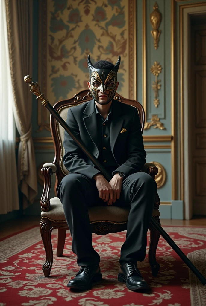 Sitting on a chair with a big stick, a handsome boy wearing a mask, aged 22, in a beautiful room.