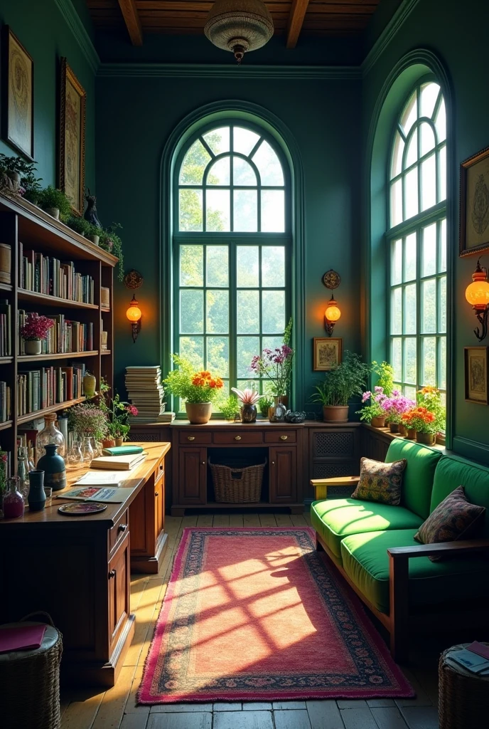 The inside of a square hut with purple and right windows. The color scheme is dark brown and dark green. The hut seems mysterious The hut consists of only one room, which looks like a mixture of living room, Workroom and laboratory. Colorful plants stood on the window sills of the two large arched windows. On the wall opposite the door stood a small green sofa surrounded by bookshelves. On the left side in front of the window was a large desk made of dark wood, on which some books were scattered. Opposite it stood a kettle and a few shelves with corked glass flasks. The windows are opposite each other
