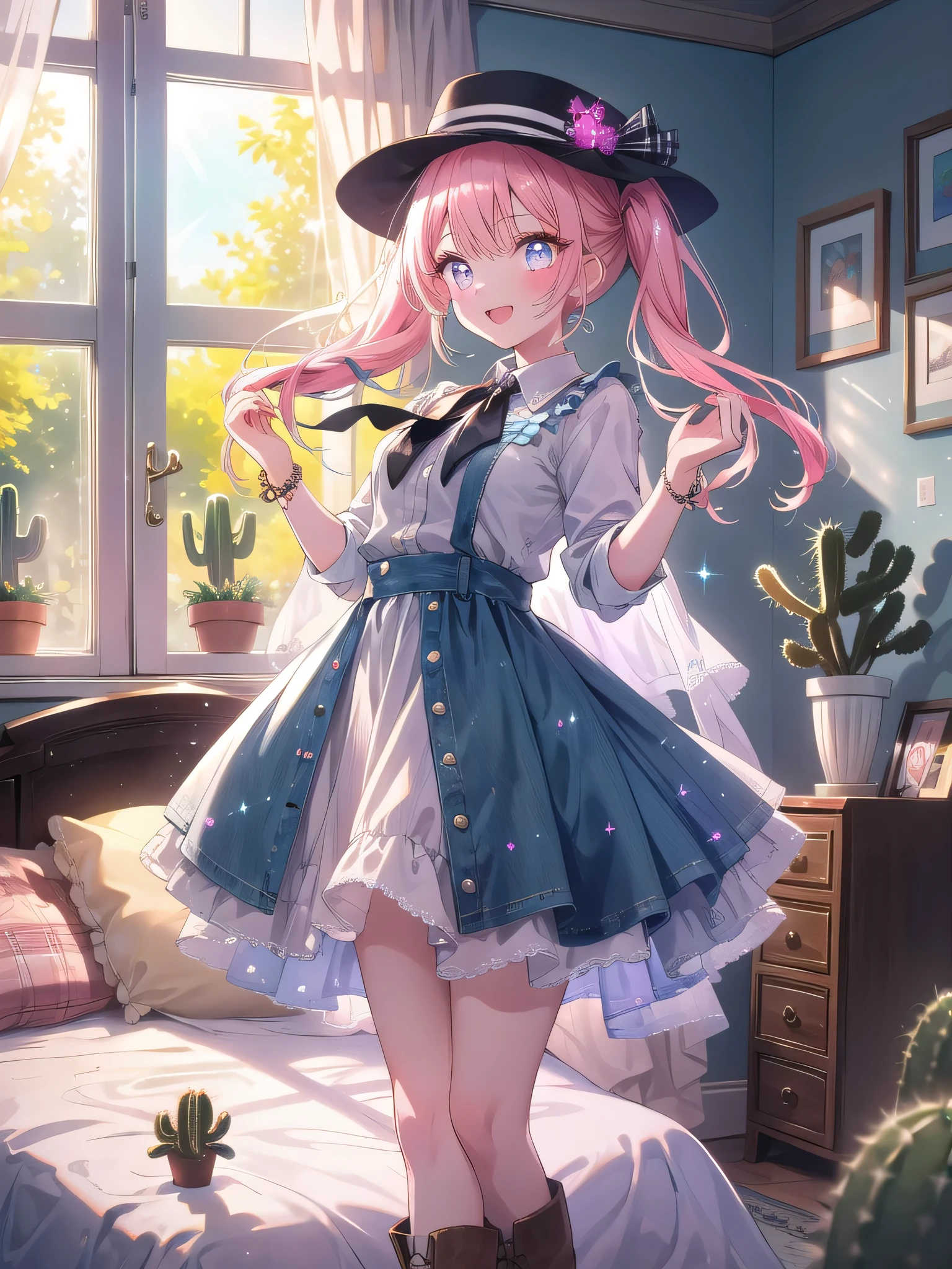 ((8k, Highest quality, masterpiece: 1.3)),Ultra-high resolution,(1 girl, alone), (Color changing eyes, Ultra-detailed, Expressive brilliance, Glitter, Glowing Eyes), Highly detailed eyes, Highly detailed face, Random Hair, ((pastel colour)),A cheerful young woman with pastel pink hair styled into loose pigtails, standing by her bed in her brightly lit bedroom during a sunny morning. She is dressed in a playful and subtly sexy cowgirl cosplay, wearing a short denim skirt, a checkered tied-up shirt, and a pair of cowboy boots. The camera captures her from a slightly low angle as she tips her hat with a wide, bright smile, her expression radiating joy and excitement. The room is bathed in natural sunlight, with a few playful decorations like a toy horse, a small cactus, and a woven rug, creating a fun and lively atmosphere.