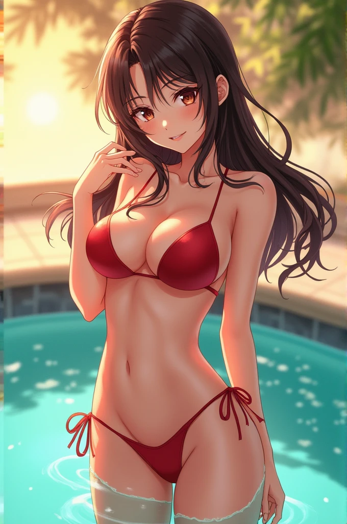  anime Woman, long brown hair, biquíni, Back to back, big ass, No bikini 