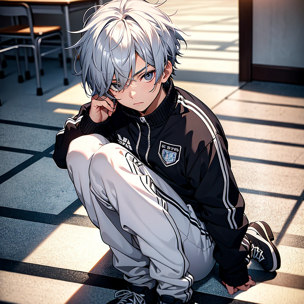 Best quality, Masterpiece, In the daytime, In the room,（1 boy：1.3），High school students，Silvery hair，short detailed hair，Messy hairstyle， Black eyes，vacant eyes，Blue and white tracksuit，sitting down on the floor，Place both hands on the ground，