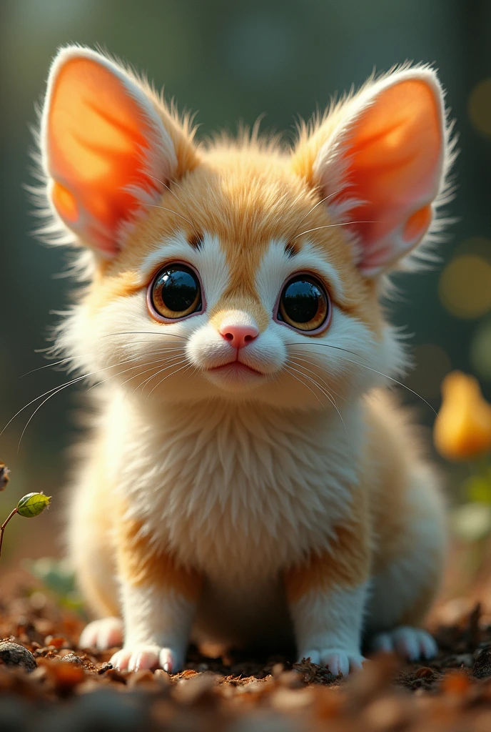A cute little animal that doesn't exist in reality. Realistic fur, big eyes, big ears. Real-life photo.