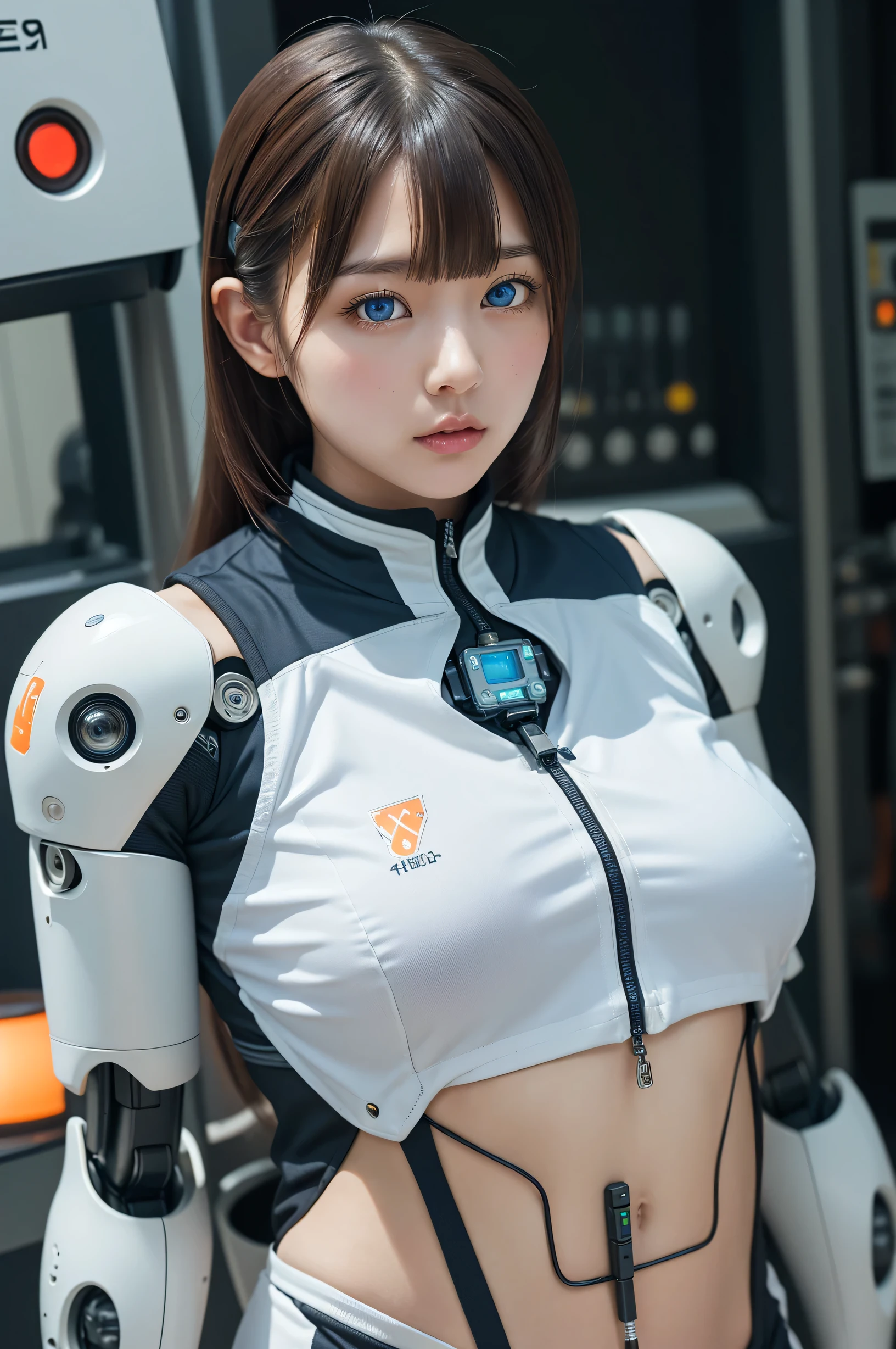 masterpiece, Highest quality, Very detailed, Japanese Android girl,Plump ,Control panel,robot arms,robot,Android,cyborg,white robot body,Ceramic body,perfect robotgirl,Blunt bangs,robot repair plant,Chubby,sports wear,training wear,blue eyes,