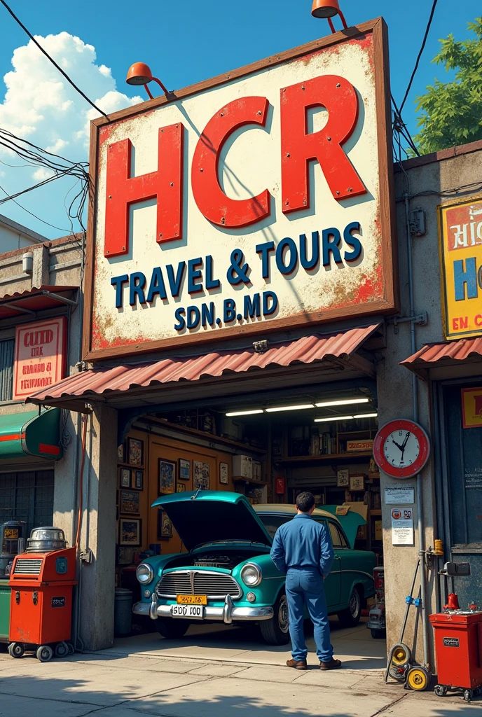 Car garage with signboard "HCR TRAVEL & TOURS SDN.BHD" word