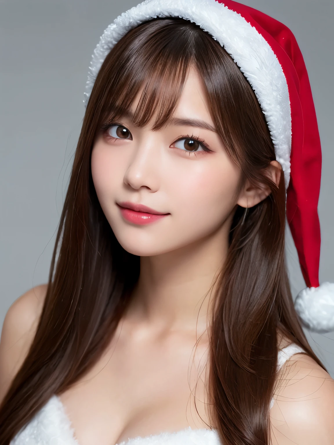 white background, half body portrait, bust shot, looks happy, smile, one girl, (a beauty girl, delicate girl:1.3), (20 years old:1.3), break, (dress up as Santa Claus), break, very fine eyes, (symmetrical eyes:1.3), break, E cup breasts, brown eyes, parted bangs, brown hair, (eyes and faces with detailed:1.0), break, (masterpiece, best quality, ultra detailed, detailed face, 8k)