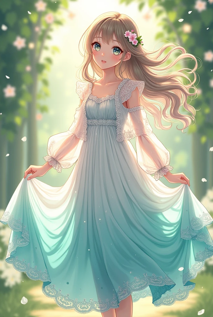 Even more complex summer dress design with see through jacket. Anime white dress tosca ombre dress girl detailed design. summer dress lace. see through jacket cute long dress. Fullbody design. Cute hair design. Flowy dress design. Little flowers on hair design.