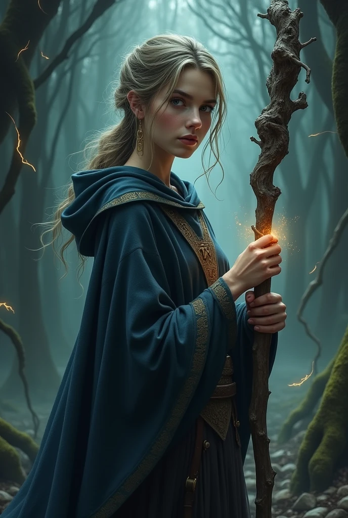 20-year-old women、Wizard、Holding a walking stick in one hand、The background is dark（Magic Effects）