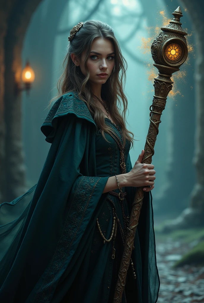 20-year-old women、Wizard、Holding a walking stick in one hand、The background is dark(Magic Effects)