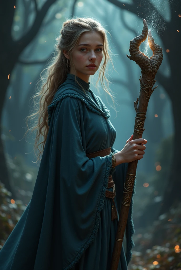 20-year-old women、Wizard、Holding a walking stick in one hand、The background is dark(Magic Effects)