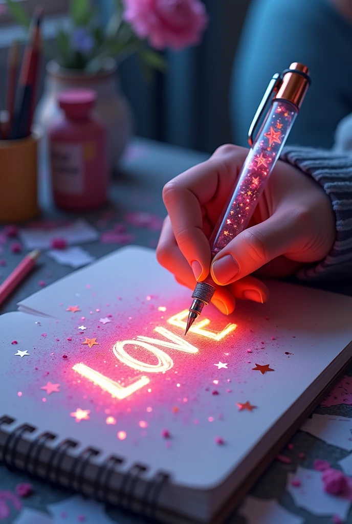 A mesmerizing, hyper-realistic 16K 3D illustration captures a magical moment of pure creativity. A talented artist is masterfully sketching a heartfelt message, "LOVE", in a notebook. The text is composed of vibrant, color sepia stars that smoothly transition through the entire spectrum. The artist's hand, holding a transparent pen filled with radiant stars, is detailed exquisitely, symbolizing boundless creativity and imagination. The background is a three-dimensional sketchbook setting with scattered throughout, adding depth and dimension to this captivating, graffiti-inspired scene. The illustration radiates energy, movement, and vibrant colors, making it a true work of art that celebrates creativity and imagination., gra, cinematic, vibrant, graffiti, painting, typography, product, illustration, photo, 3d render, fantasy, vibrant text lights, correct number of fingers, realistic hand and fingers
