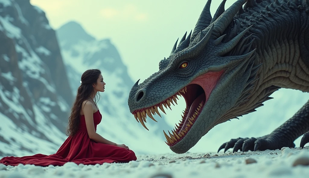 A young woman in a red dress, sitting on the ground next to an enormous dragon with huge teeth and eyes. She is facing it head-on, as if they were friends or good policeman. The scene takes place inside snowy rocks in the mountains. Shot in the style of James Cameron for The Secret Life Of Woli, 70s movie still., cinematic