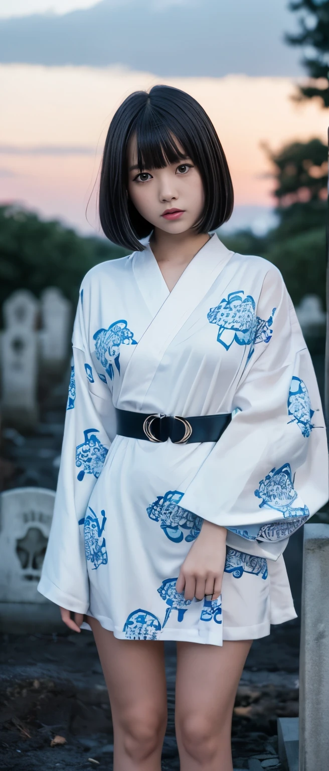 Cute Idol Girl、whole body、Good style、、、、、、、、、、Thick legs、Skull Print White Kimono Dress、Cool girl face、、、Bobcut、Graveyard at night、Intense blue flames