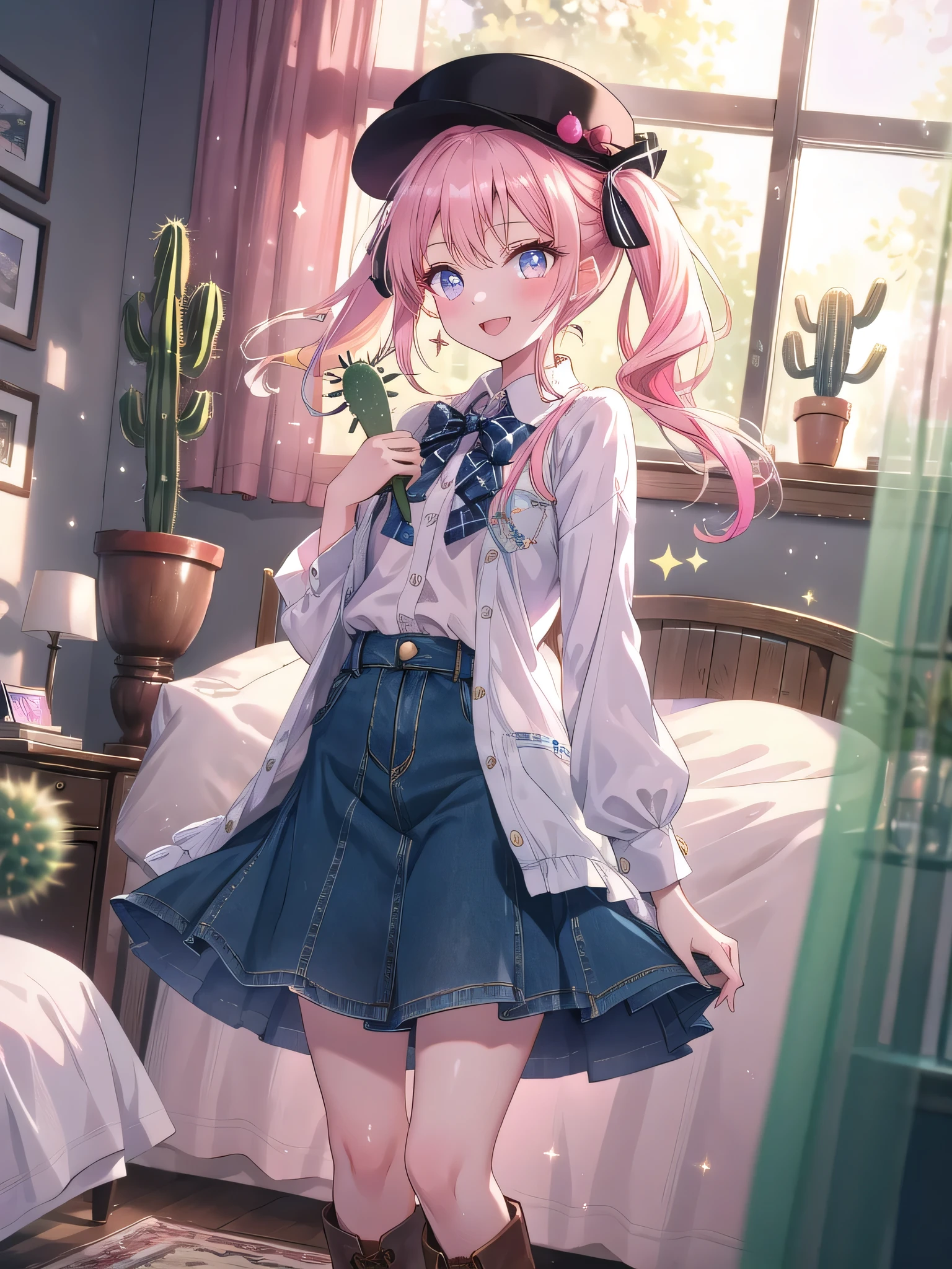 ((8k, Highest quality, masterpiece: 1.3)),Ultra-high resolution,(1 girl, alone), (Color changing eyes, Ultra-detailed, Expressive brilliance, Glitter, Glowing Eyes), Highly detailed eyes, Highly detailed face, Random Hair, ((pastel colour)),A cheerful young woman with pastel pink hair styled into loose pigtails, standing by her bed in her brightly lit bedroom during a sunny morning. She is dressed in a playful and subtly sexy cowgirl cosplay, wearing a short denim skirt, a checkered tied-up shirt, and a pair of cowboy boots. The camera captures her from a slightly low angle as she tips her hat with a wide, bright smile, her expression radiating joy and excitement. The room is bathed in natural sunlight, with a few playful decorations like a toy horse, a small cactus, and a woven rug, creating a fun and lively atmosphere.