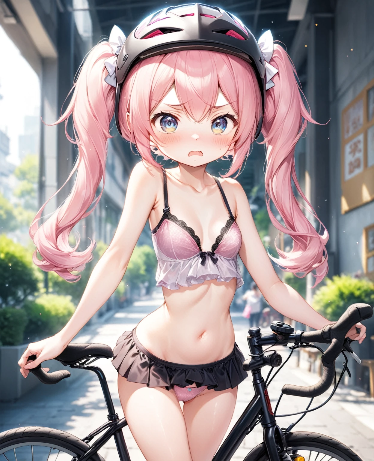 (Highest quality,8k,32K,masterpiece,Ultra-high resolution :1.2 ),born,one person,Super cute,Natural light,Clear, shining eyes,20-year-old,Fair skin,Bike touring electronic world fantasy background,Pink Hair,Small breasts,In underwear,Good,bike,Bike helmet,Twin tails,Small height,Embarrassed,A little angry,Cheeks puffed out,Pun Pun,Short skirt,In underwear,bra,面積の少ないbra