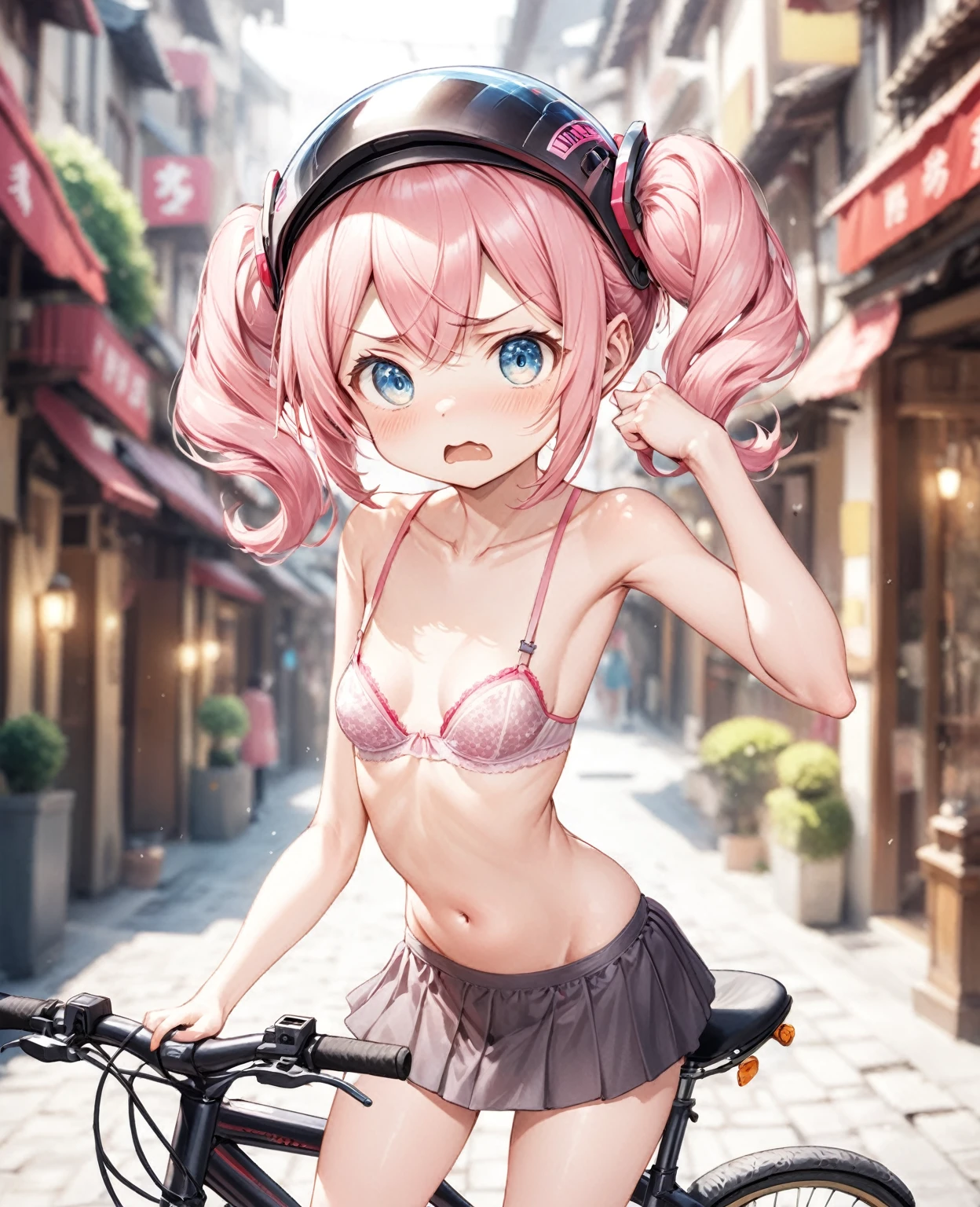 (Highest quality,8k,32K,masterpiece,Ultra-high resolution :1.2 ),born,one person,Super cute,Natural light,Clear, shining eyes,20-year-old,Fair skin,Bike touring electronic world fantasy background,Pink Hair,Small breasts,In underwear,Good,bike,Bike helmet,Twin tails,Small height,Embarrassed,A little angry,Cheeks puffed out,Pun Pun,Short skirt,In underwear,bra,面積の少ないbra