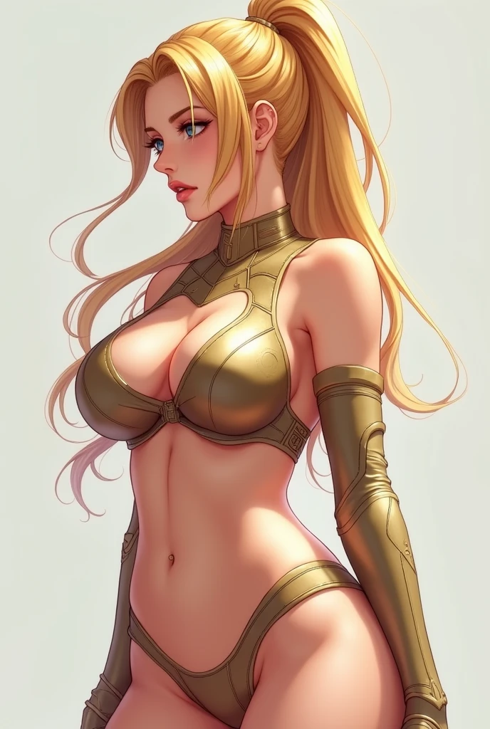 (アニメ, capolavoro, high quality, Better quality, beautiful and aesthetic: 1.2, professional illustration: 1.1, ultra detail: 1.3, official art, professional illustration, rappresentazione ultra dettagliata, ultra precise representation, Extremely detailed 8K illustration, high resolution, ultra detailed painting, soft shadows), (naked girl), samus aran \(cosplay\), beautiful beauty, nude milf, lucid, (capelli lunghi dorati), (ponytail), big breasts, perfect body, pubic hair, vagina in sight, no panties,