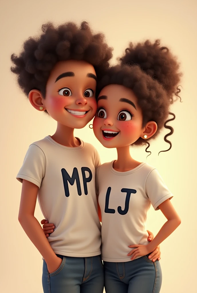 A couple that waring a couple shirt, That have a Tag MP for boy and LJ for girl, and also the boy is chubby and the girl that have a curly hair.