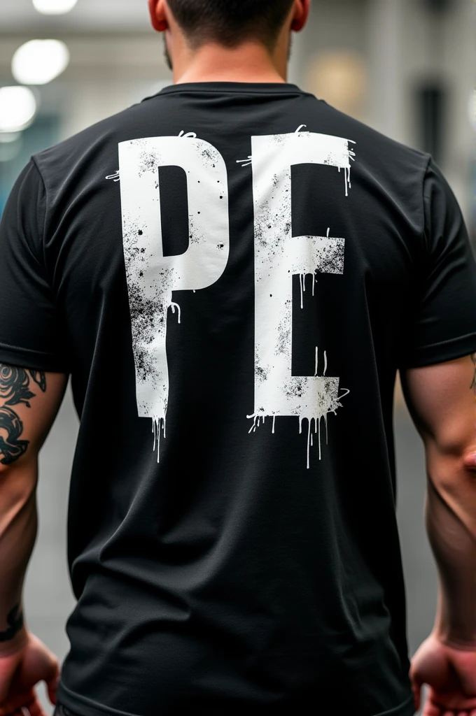 Create artwork for a PE-themed streetwear shirt, may contain dumbbells in the art and also other things related to the theme, It must not be a very big art, the letters must be in white and on the back of a black shirt