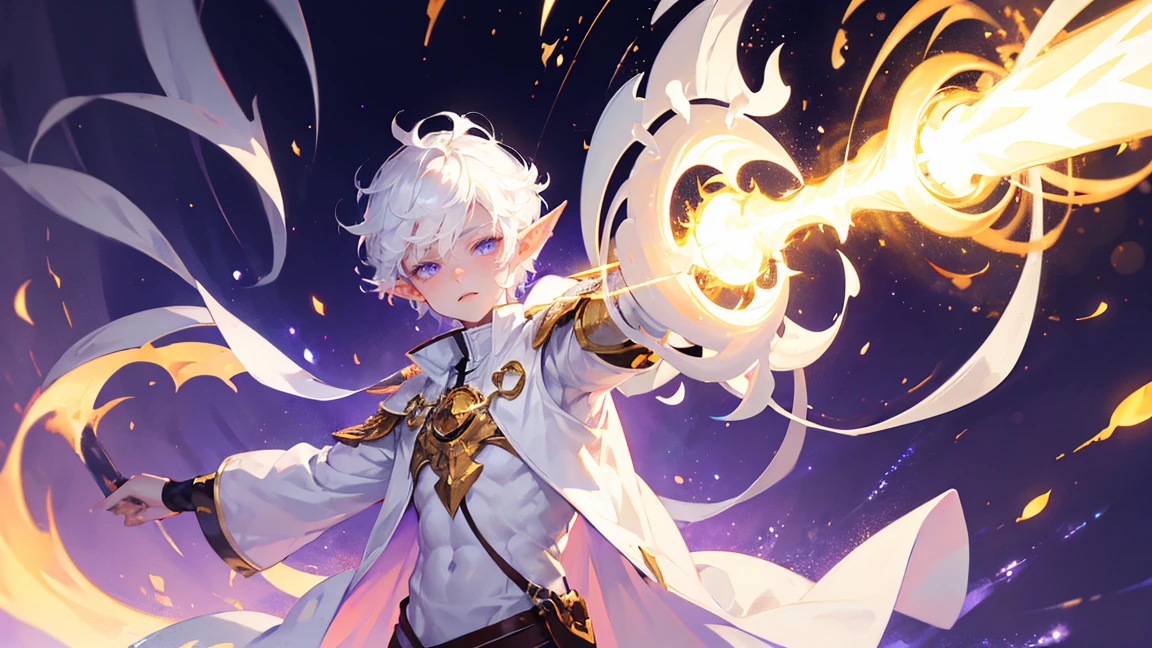 The Boy of, Good person, White skinned albino, Short white hair, White fur covering the ears, Giant elf ears, Pointy hairy ears, Purple eyes, Light firepower, The power of the sun, Pyrokinesis, material manipulation, No anger, Golden Clothes, Fully clothed, Wear a shirt, No muscles