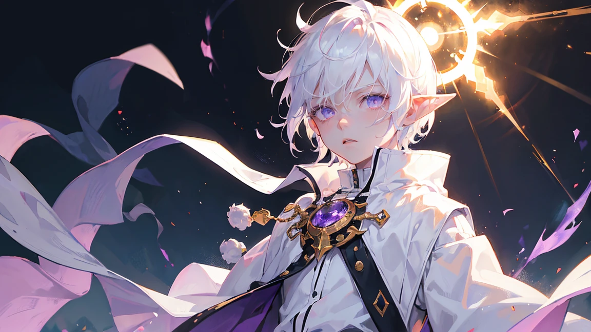 The Boy of, Good person, White skinned albino, Short white hair, White fur covering the ears, Giant elf ears, Pointy hairy ears, Purple eyes, Light firepower, The power of the sun, Pyrokinesis, material manipulation, No anger, Golden Clothes, Fully clothed, Wear a shirt, No muscles