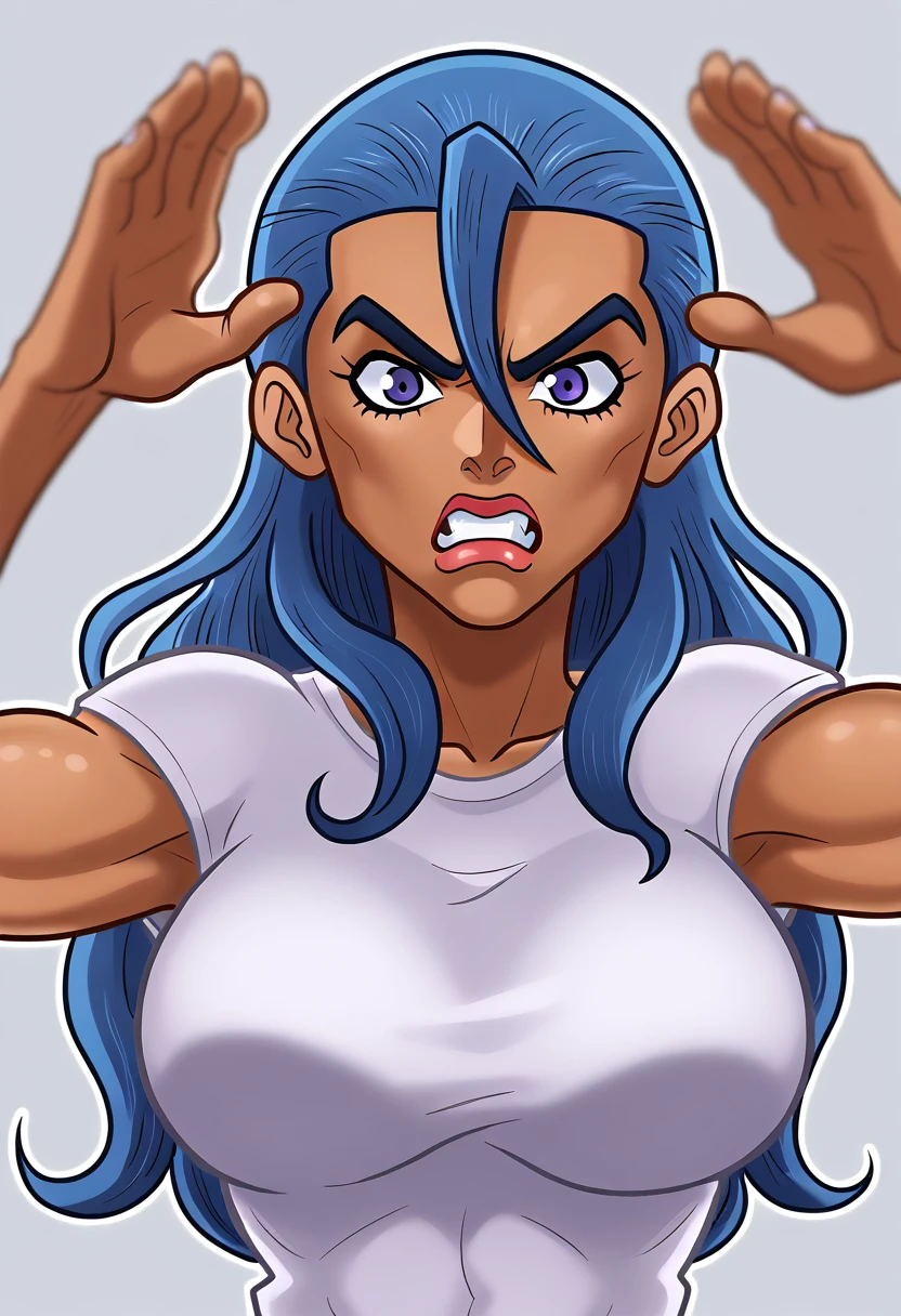 score_9, score_8_up, score_7_up, BREAK gogobomango, 1girl, solo, dark skin, blue hair, hair between eyes, fingernails, shirt, toned, depth of field, simple background, large breasts, portrait, jojo pose, angry,