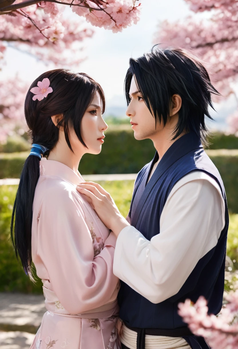 a highly detailed, romantic photograph of sasuke and sakura, masterpiece, 8k, photorealistic, hyper detailed, extremely sharp focus, vivid colors, soft lighting, smooth skin, beautiful eyes and lips, flowing hair, elegant pose, lush garden background, natural lighting, cinematic composition