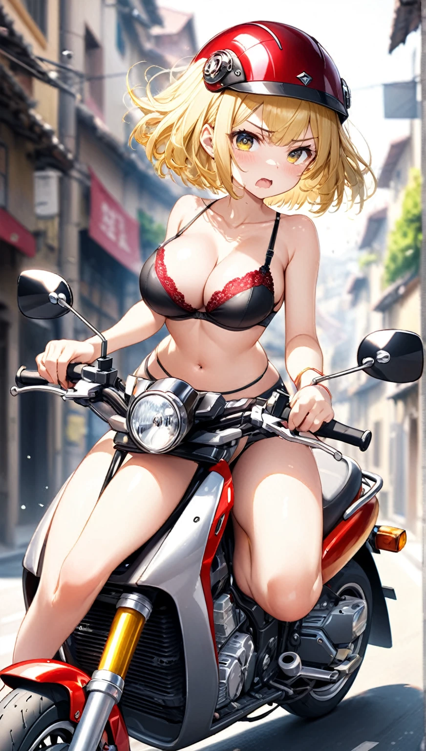 ((Highest quality,8k,32K,masterpiece,Ultra-high resolution :1.2 ),born,One person,Super cute,Natural light,Clear, shining eyes,20-year-old,Fair skin,Motorcycle touring electronic world fantasy background,Golden Hair,short hair,Large Breasts,In a bra,Short skirt,Riding a motorcycle,Motorcycle Helmets,Feeling embarrassed,A little angry