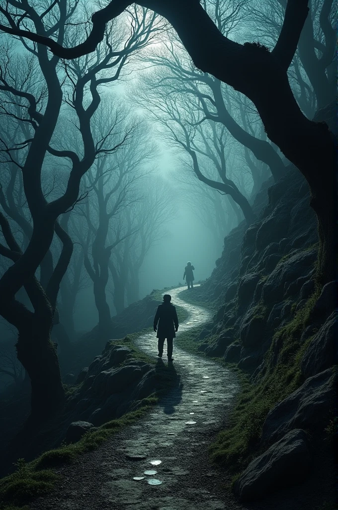 Creepy black shadows between the trees on the way down the mountain (16:9)