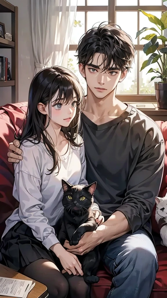 college student couple, Carrying a cat, Sit on the sofa, Black Cat, living room