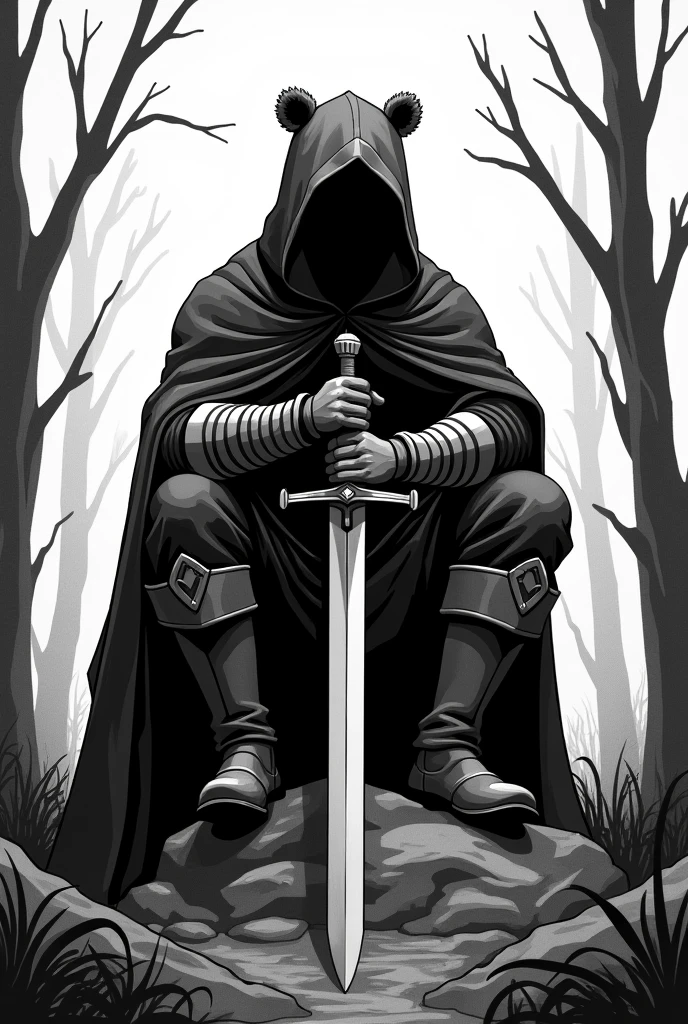 A knight with hidden face sitting on a rock in a burned forest facing in front wearing a hood with bear ears and a cape, holding a long sword in front of him draw stylish all black and white