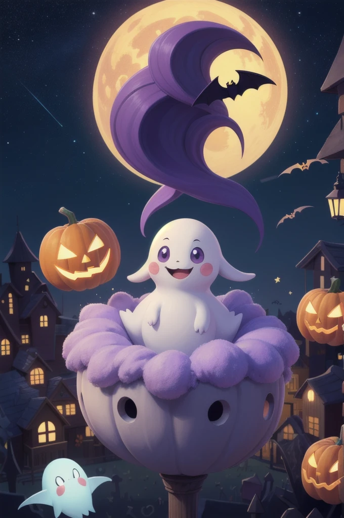 ((masterpiece,Highest quality)),Absurd,cute_Ghost,No humans,alone,Ghost,floating,Halloween,Pokemon (Living things),cute,alone,smile,View your viewers,Purple Theme,Cemetery in the background,night空、Beautiful stars、cute、night、Bat