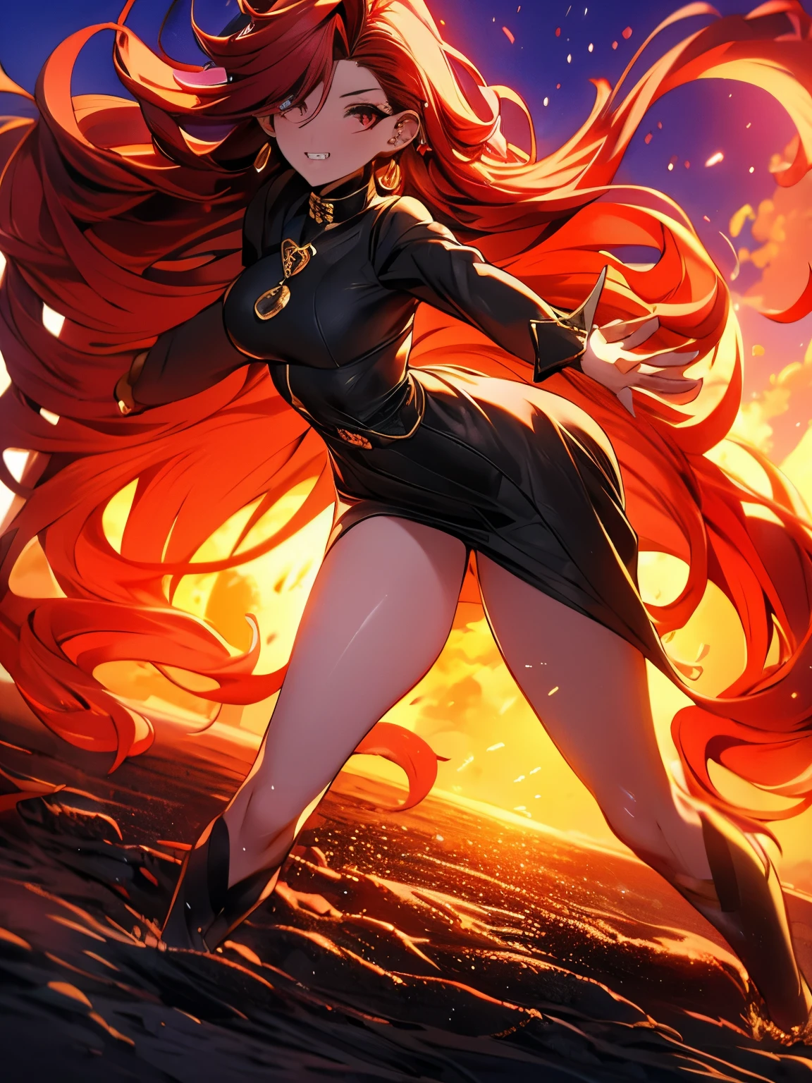 masterpiece, full body, ultra detailed face, Anime girl, 23 year old, long red wavy hair, on battlefield, perfect body, perfect face, perfect fingers, in background rising sun, detailed face, very confident pose