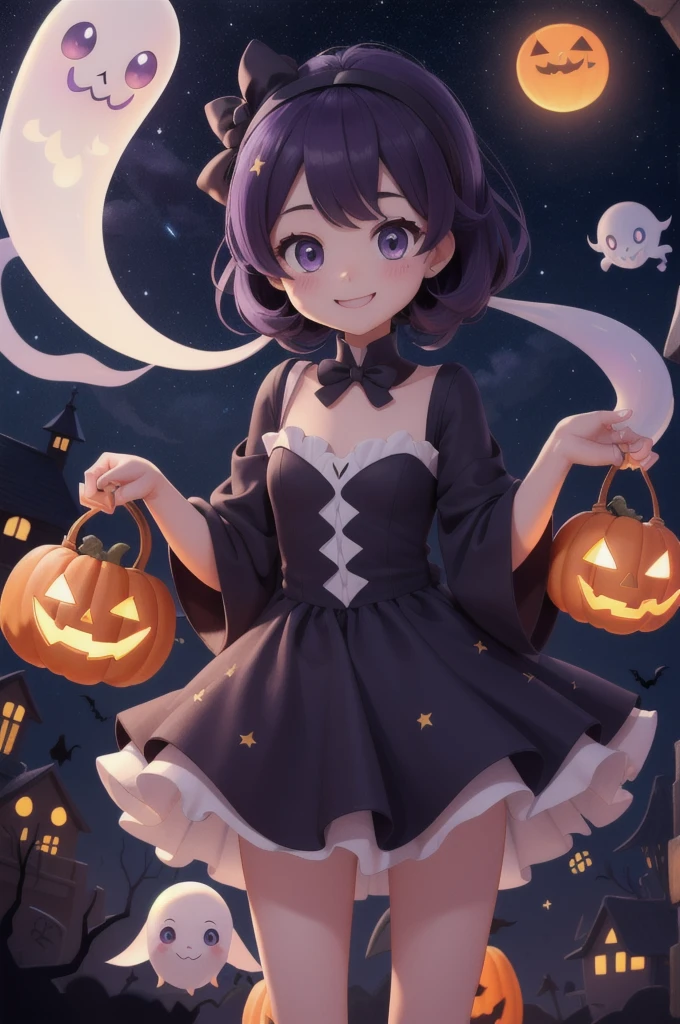 ((masterpiece,Highest quality)),Absurd,cute_Ghost,No humans,alone,Ghost,floating,Halloween,Pokemon (Living things),cute,alone,smile,View your viewers,Purple Theme,Cemetery in the background,night空、Beautiful stars、cute、night、Bat