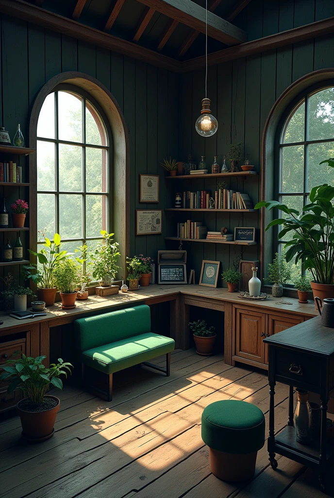 The inside of a square hut with purple and right windows. The color scheme is dark brown and dark green. The hut seems mysterious The hut consists of only one room, which looks like a mixture of living room, Workroom and laboratory. Colorful plants stood on the window sills of the two large arched windows. On the wall opposite the door stood a small green sofa surrounded by bookshelves. On the left side in front of the window was a large desk made of dark wood, on which some books were scattered. Opposite it stood a kettle and a few shelves with corked glass flasks. The windows are on the left and right wall. All wood is in very dark brown 
