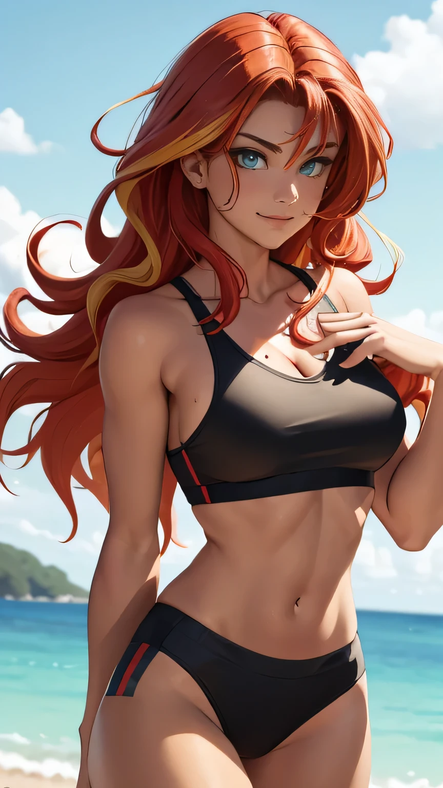 girl, red hair, yellow hair, medium hair, blue eyes, athletic body, cleavage, athletic body , crop top, smirking , sure, brown skintone, thick brows,, 90s thong, 
crop top overhang , messy hair, tanned skin,