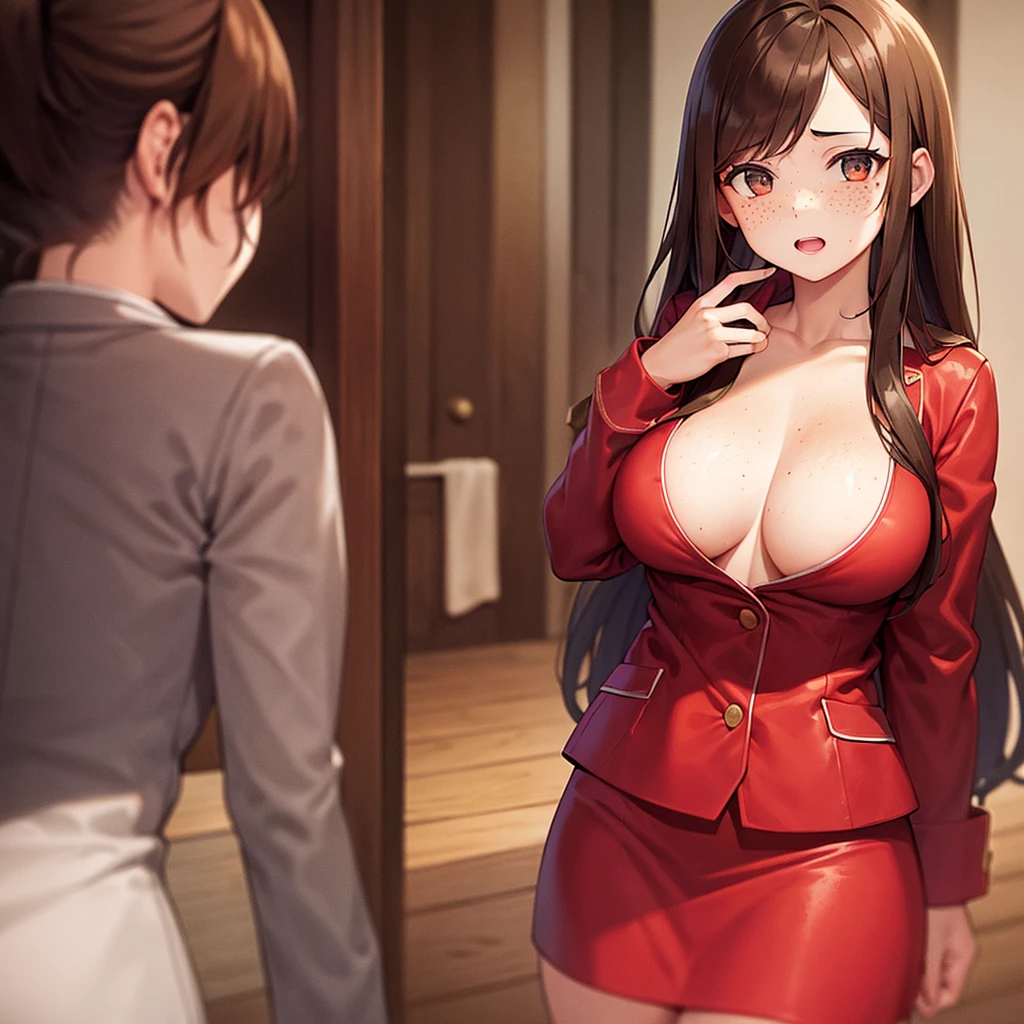 Girl has long brown hair and freckles big breast's wearing a red jacket and red skirt