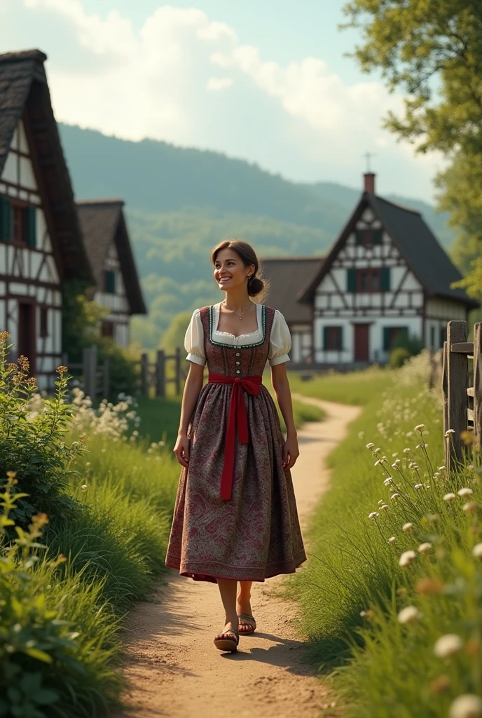work of art,highest quallity,(Unity 8k Ultra High Definition CG Wallpaper),(highest quallity), a German woman walking through the picturesque landscape of a village. She wears a traditional costume, like an elegant dirndl with subtle floral prints. Ao fundo, the half-timbered houses with thatched roofs are surrounded by green fields and lush vegetation. She walks with a serene smile, reflecting the tranquility of the environment. The soft sunlight illuminates the scenery, highlighting the natural beauty and harmony between the village's architecture and the splendor of the surrounding nature.