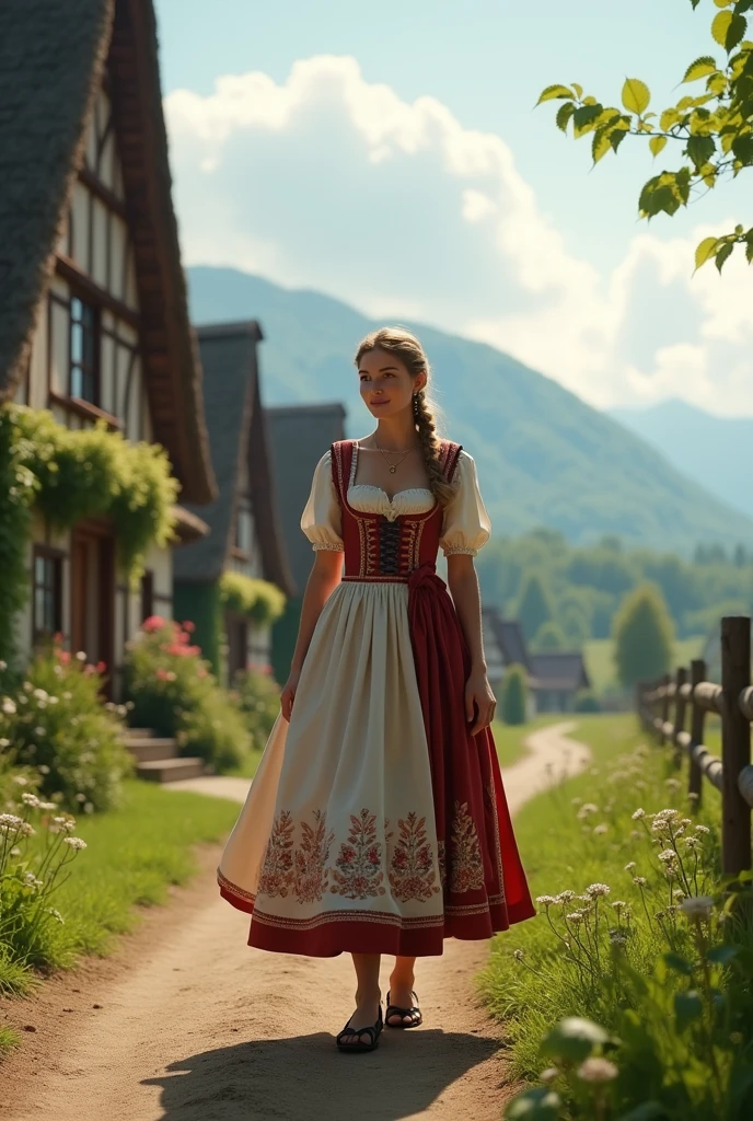 work of art,highest quallity,(Unity 8k Ultra High Definition CG Wallpaper),(highest quallity), a German woman walking through the picturesque landscape of a village. She wears a traditional costume, like an elegant dirndl with subtle floral prints. Ao fundo, the half-timbered houses with thatched roofs are surrounded by green fields and lush vegetation. She walks with a serene smile, reflecting the tranquility of the environment. The soft sunlight illuminates the scenery, highlighting the natural beauty and harmony between the village's architecture and the splendor of the surrounding nature.