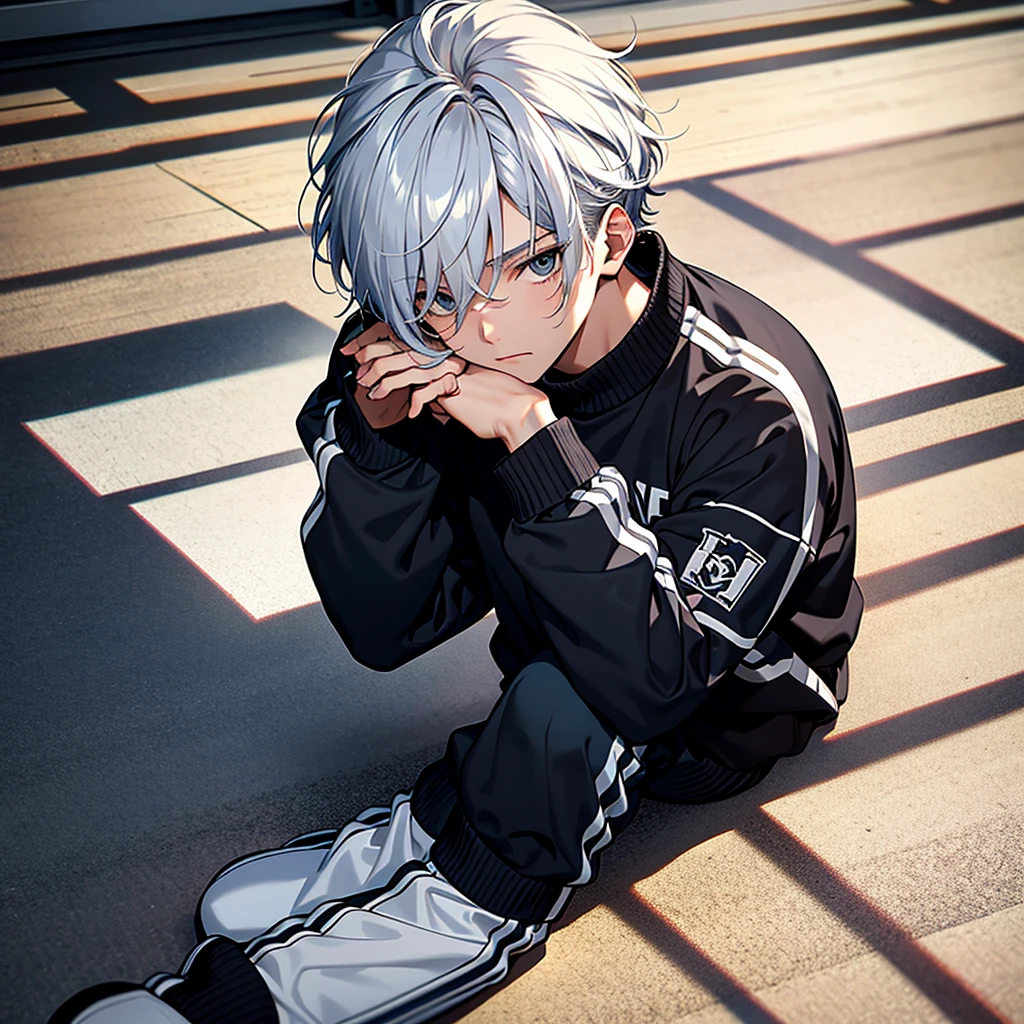 Best quality, Masterpiece, In the daytime, In the room,（1 boy：1.3），High school students，Silvery hair，short detailed hair，Messy hairstyle， Black eyes，vacant eyes，Blue and white tracksuit，sitting down on the floor，Place both hands on the ground，