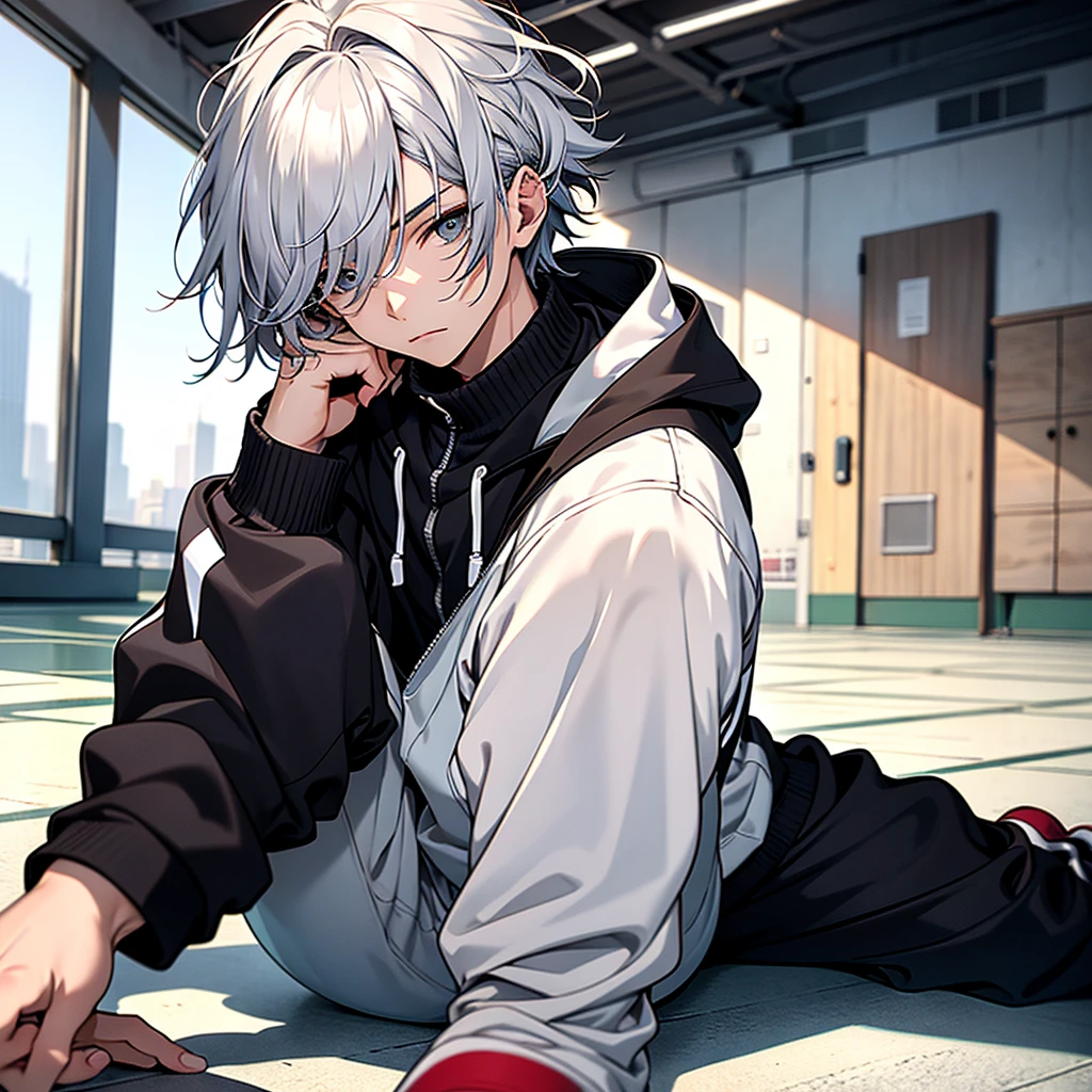 Best quality, Masterpiece, In the daytime, In the room,（1 boy：1.3），High school students，Silvery hair，short detailed hair，Messy hairstyle， Black eyes，vacant eyes，Blue and white tracksuit，sitting down on the floor，Place both hands on the ground，