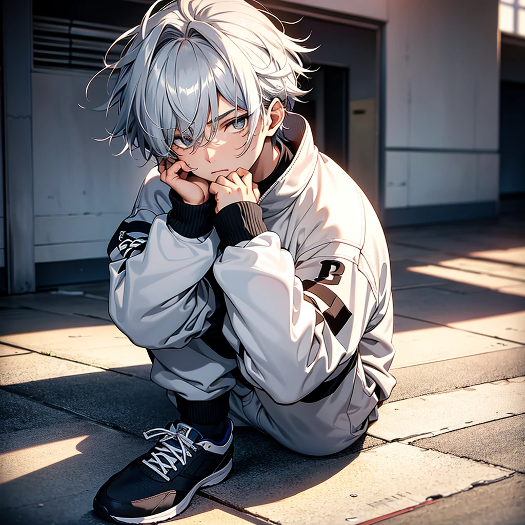 Best quality, Masterpiece, In the daytime, In the room,(1 boy:1.3),High school students,Silvery hair,short detailed hair,Messy hairstyle, Black eyes,vacant eyes,Blue and white tracksuit,sitting down on the floor,Place both hands on the ground,