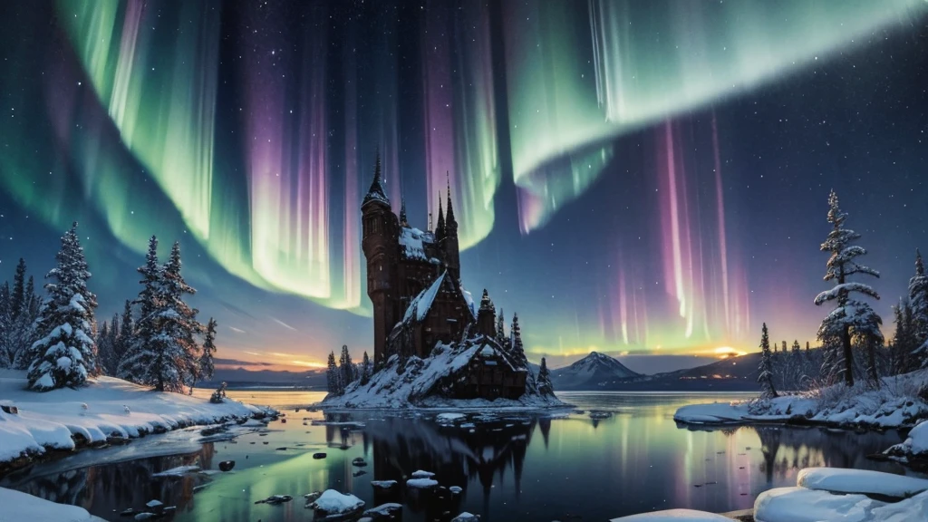 ((masterpiece)),((Highest quality)),((High Detail)),nobody,background, fantasy, ice,iceでできた城,Small Aurora