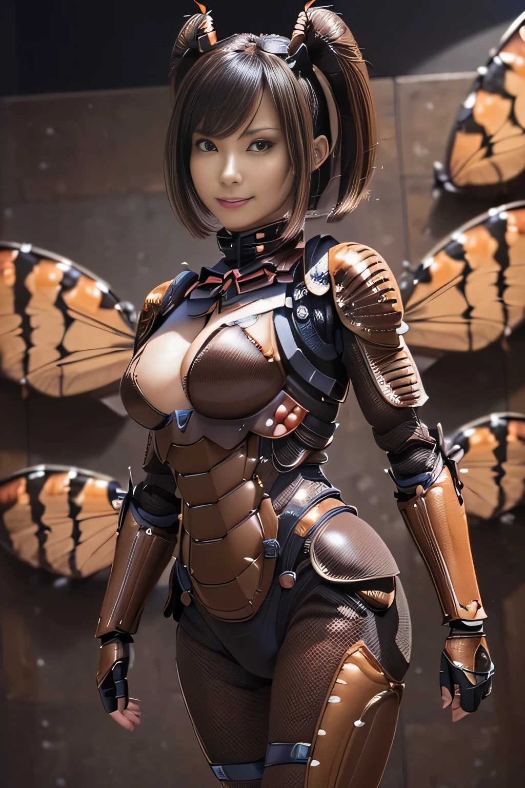 (high resolution,masterpiece,best quality,extremely detailed CG, anime, official art:1.4), realistic, photo, amazing fine details, all intricate, gloss and shiny,awesome many layers, 8k wall paper, 3d, sketch, kawaii, illustration,( solo:1.4), perfect female proportion,villainess, (fusion of dark brown cockroach and lady:1.4), (brown cockroach form lady:1.2), (brown cockroach lady:1.2), (fusion:1.2), (solo:1.4), (evil smile:1.2), muscular, abs, (cockroach brown exoskeleton bio insect suit:1.4), (cockroach brown exoskeleton bio insect armor:1.2), (brown transparency cockroach wing:1.4), (brown cockroach antennae:1.3),