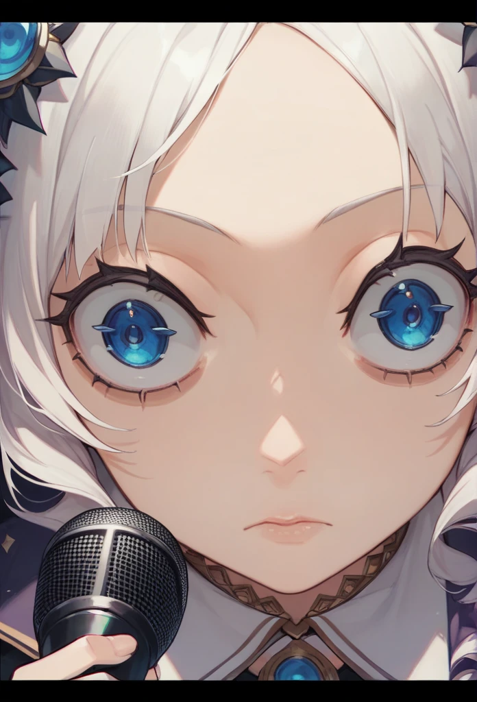 Top quality, masterpiece, high resolution, girl, white hair, blue eyes, dark circles under the eyes, idol costume, underground idol, dimly lit concert venue, holding microphone, staring, close-up